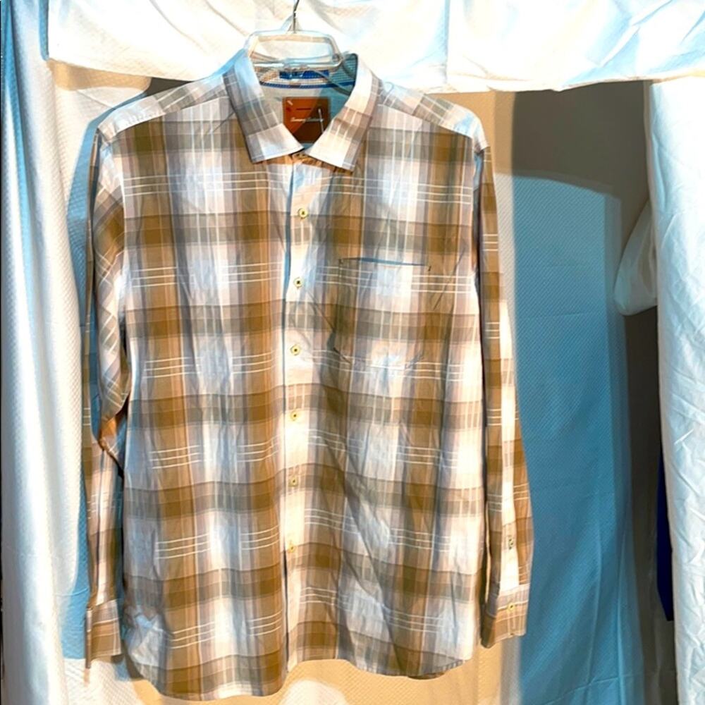 Tommy Bahama xl tan white plaid shirt worn once